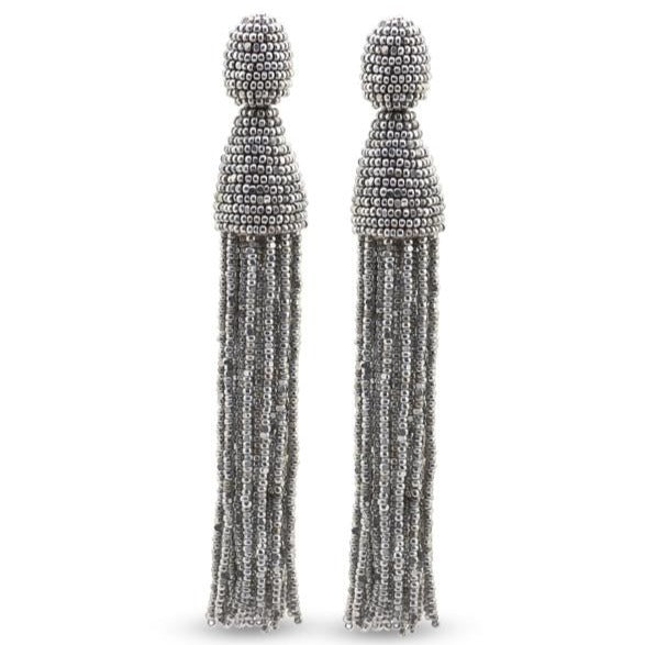 Silver Long Beaded Tassel Earrings