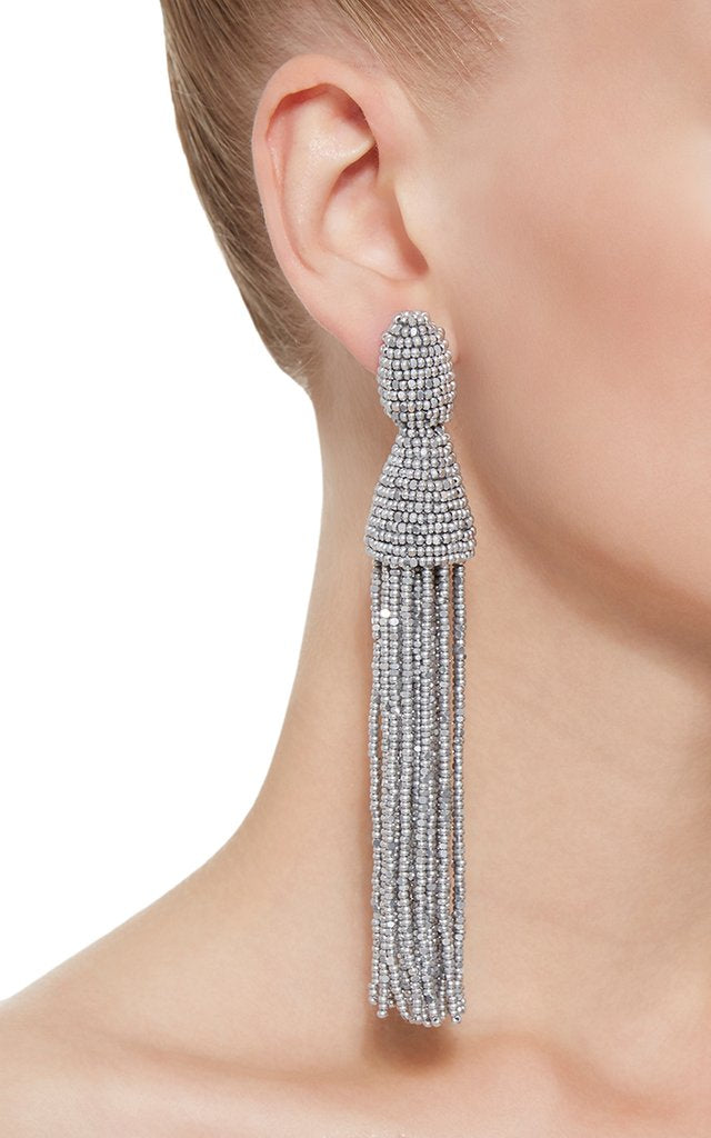 Silver Long Beaded Tassel Earrings
