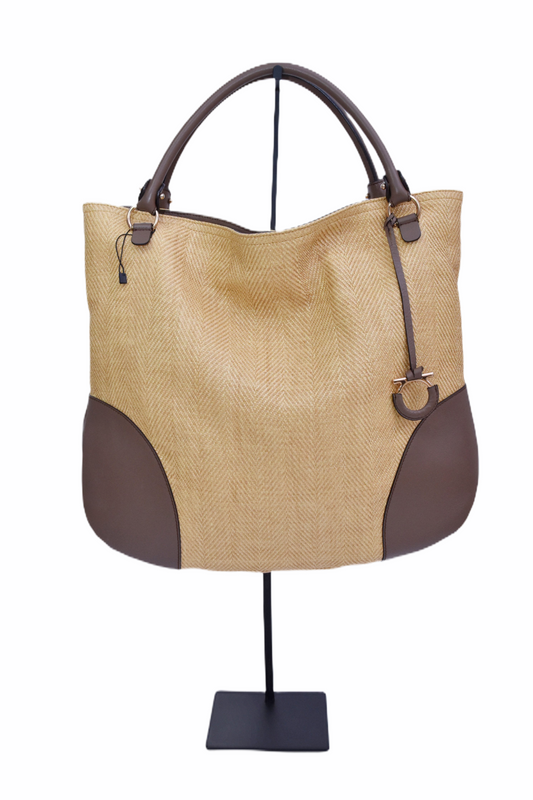 Leather-Trimmed Raffia Bag