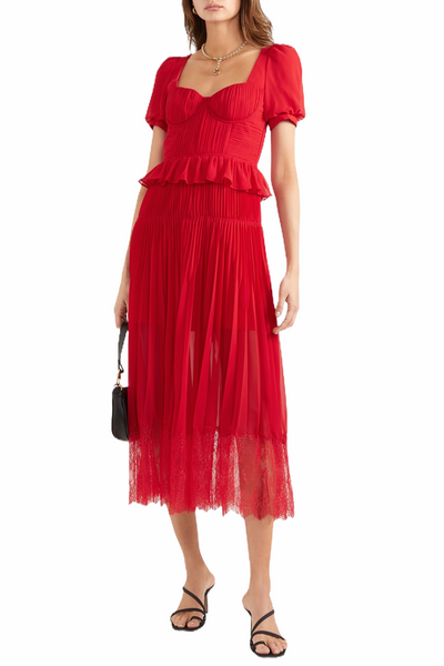 Lace-trimmed pleated midi dress