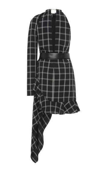 Belted Asymmetrical Checkered Mini Dress
